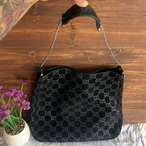Gucci Black Monogram Suede Shoulder Bag with Gunmetal Strap. 100% Authentic.
